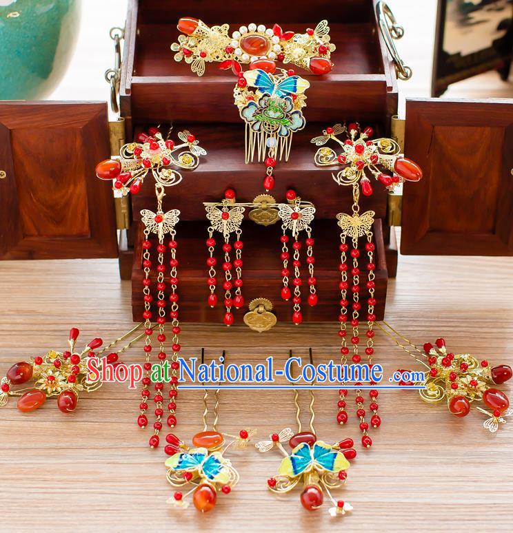 Chinese Traditional Palace Hair Accessories Xiuhe Suit Tassel Phoenix Coronet Ancient Hairpins Complete Set for Women