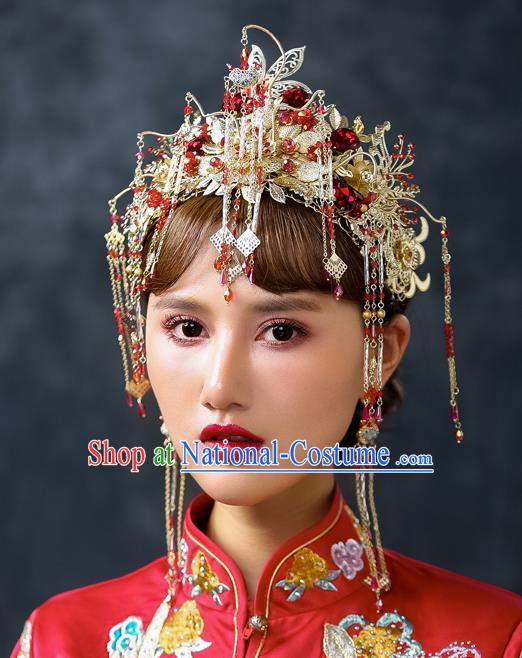 Chinese Traditional Palace Hair Accessories Xiuhe Suit Phoenix Coronet Ancient Tassel Hairpins Complete Set for Women