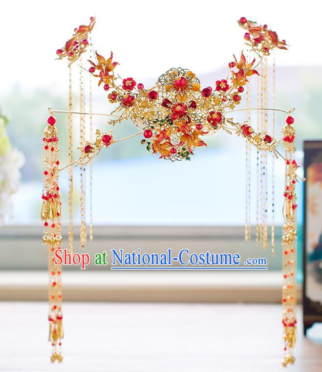 Chinese Traditional Palace Hair Accessories Phoenix Coronet Ancient Xiuhe Suit Tassel Hairpins Complete Set for Women