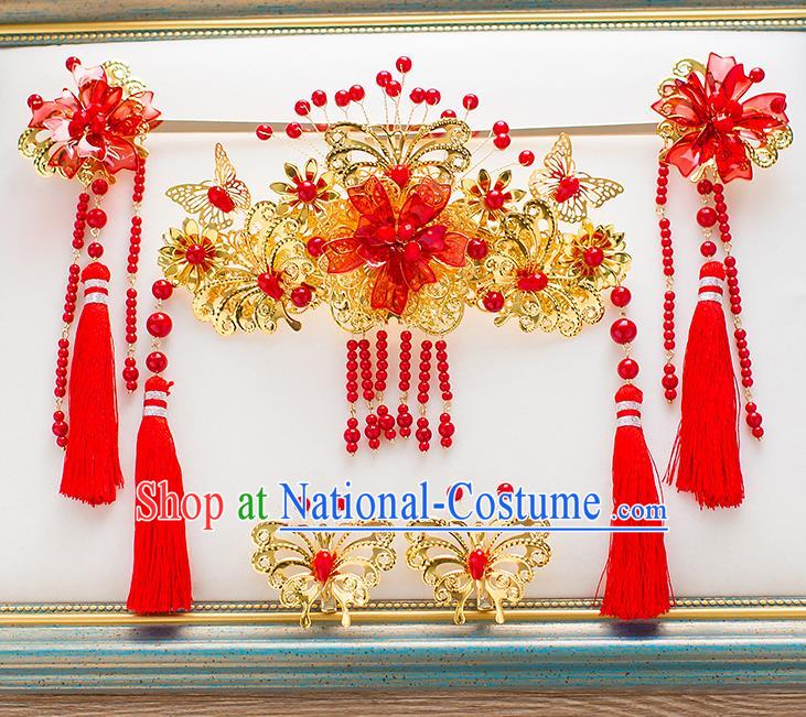 Chinese Traditional Palace Hair Accessories Phoenix Coronet Ancient Xiuhe Suit Tassel Hairpins Complete Set for Women