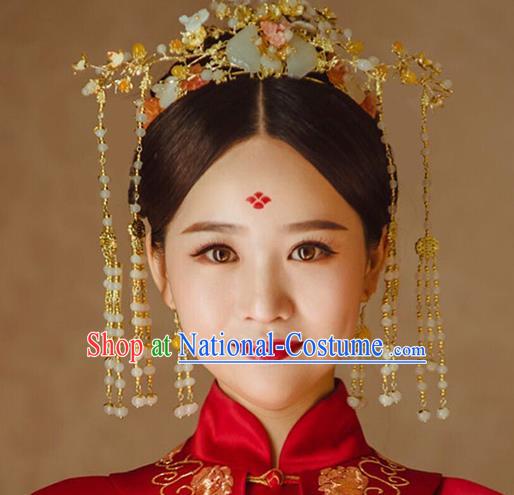 Chinese Traditional Palace Hair Accessories Xiuhe Suit Jade Phoenix Coronet Ancient Hairpins Complete Set for Women