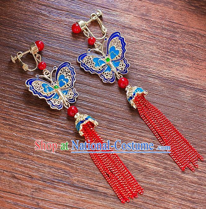 Chinese Ancient Bride Classical Accessories Earrings Wedding Jewelry Hanfu Blue Butterfly Eardrop for Women