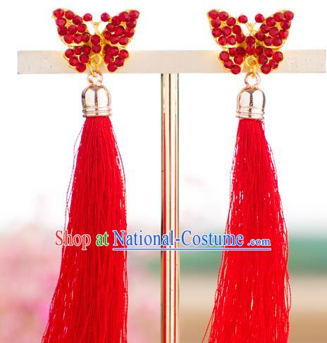 Chinese Ancient Bride Classical Accessories Earrings Wedding Jewelry Hanfu Red Crystal Butterfly Eardrop for Women