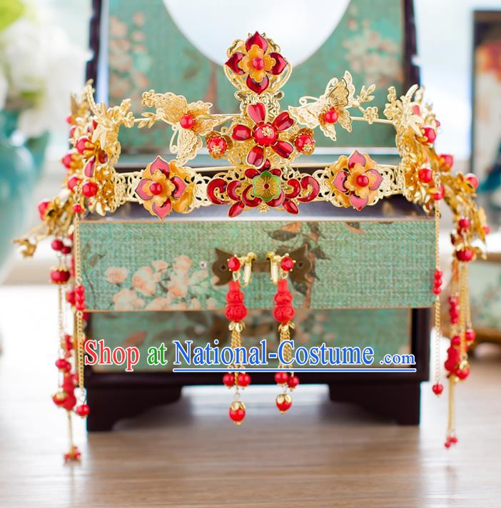 Chinese Traditional Palace Hair Accessories Ancient Xiuhe Suit Red Flowers Phoenix Coronet Hairpins for Women