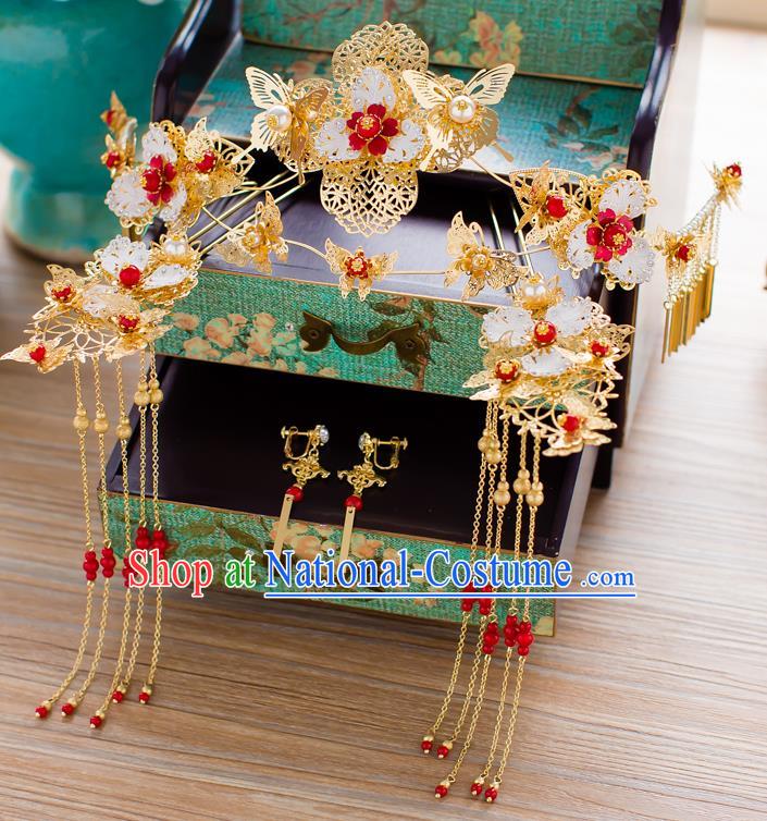 Chinese Traditional Palace Hair Accessories Ancient Xiuhe Suit Golden Phoenix Coronet Hairpins for Women