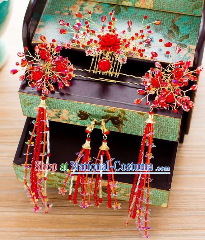 Chinese Traditional Palace Hair Accessories Ancient Xiuhe Suit Red Rose Phoenix Coronet Hairpins for Women