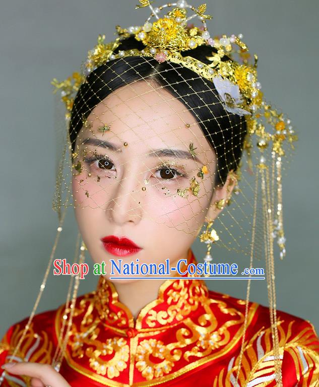 Chinese Traditional Palace Hair Accessories Ancient Hairpins Xiuhe Suit Golden Phoenix Coronet Complete Set for Women