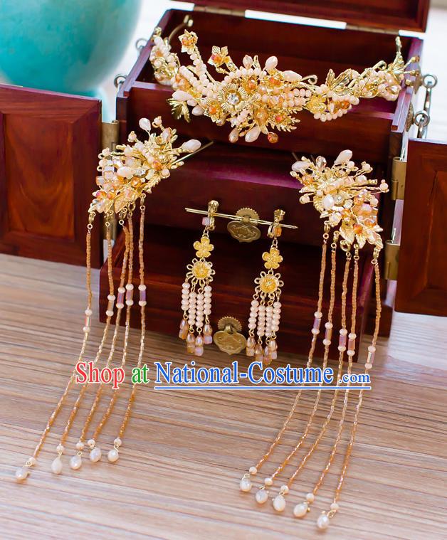 Chinese Traditional Palace Hair Accessories Ancient Hairpins Xiuhe Suit Golden Hair Clasp Complete Set for Women