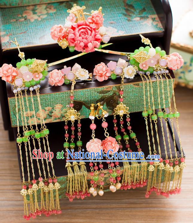 Chinese Traditional Palace Hair Accessories Xiuhe Suit Pink Peony Phoenix Coronet Ancient Hairpins Complete Set for Women