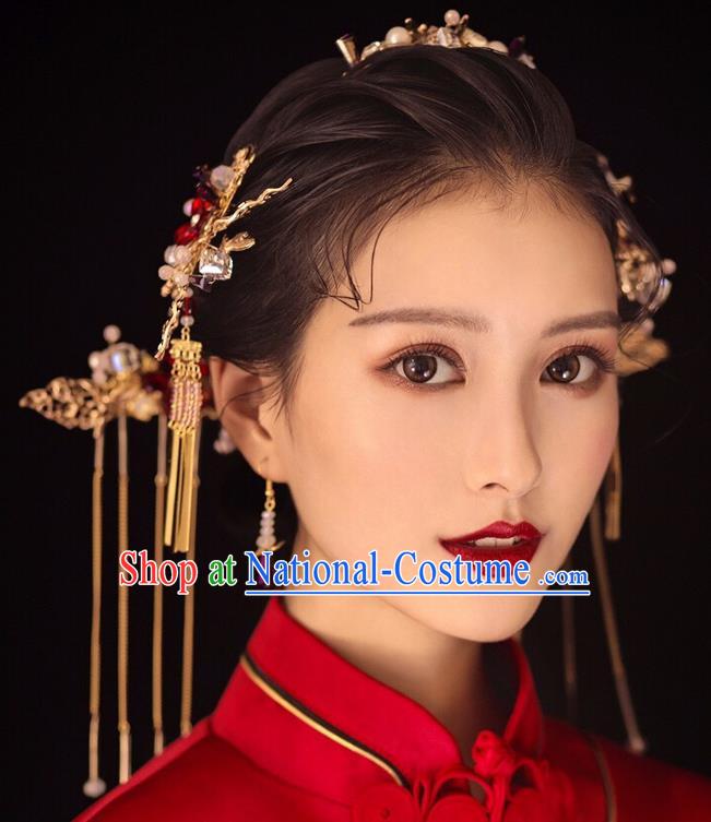 Chinese Traditional Palace Hair Accessories Ancient Hairpins Xiuhe Suit Tassel Step Shake Complete Set for Women