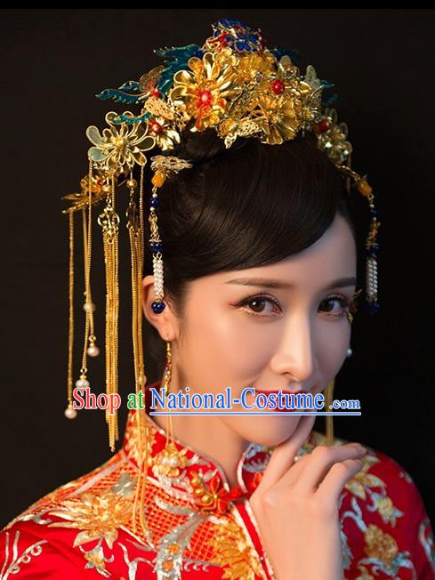 Chinese Traditional Palace Hair Accessories Ancient Hairpins Xiuhe Suit Tassel Blueing Phoenix Coronet Complete Set for Women