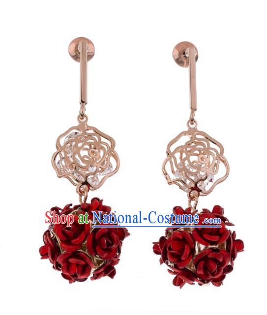 Chinese Ancient Bride Classical Accessories Red Rose Earrings Wedding Jewelry Hanfu Eardrop for Women