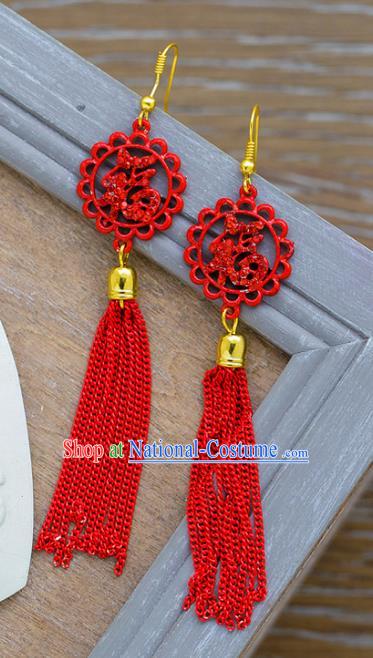 Chinese Ancient Bride Classical Accessories Red Tassel Earrings Wedding Jewelry Hanfu Eardrop for Women