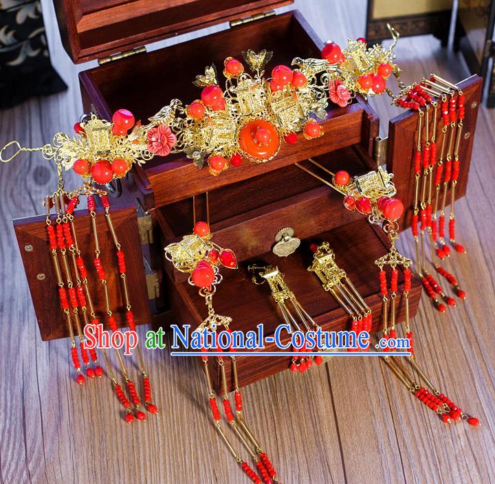 Chinese Traditional Palace Hair Accessories Ancient Hairpins Xiuhe Suit Red Phoenix Coronet for Women