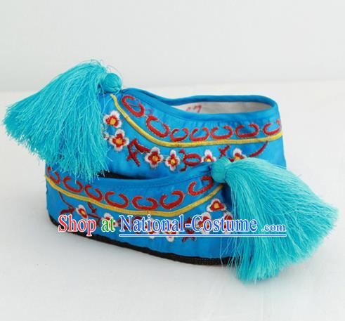 Chinese Traditional Embroidered Shoes Ancient Beijing Opera Blue Blood Stained Shoes for Women