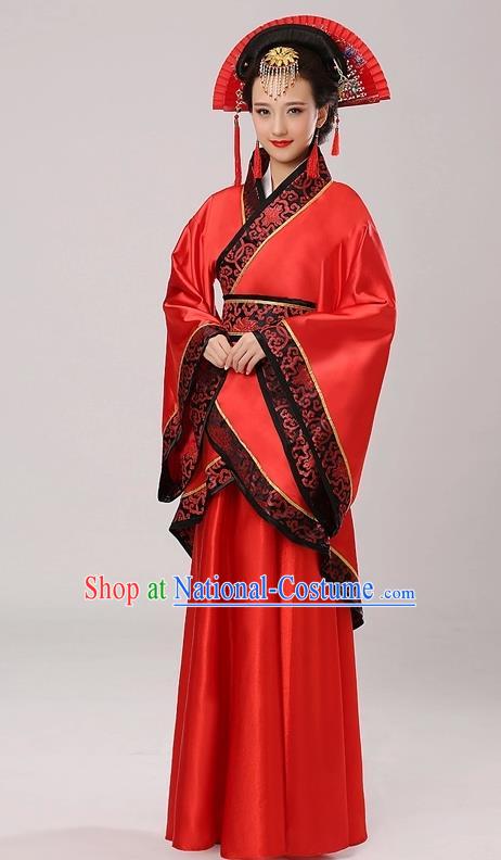 Chinese Traditional Queen Hanfu Dress Red Curving-front Robe Ancient Han Dynasty Princess Costume for Women