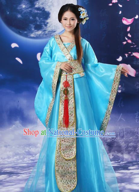 Chinese Traditional Fairy Blue Hanfu Dress Ancient Tang Dynasty Imperial Concubine Costume for Women