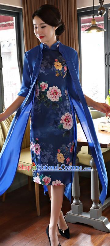 Top Grade Chinese Printing Blue Two-pieces Qipao Dress National Costume Traditional Mandarin Cheongsam for Women