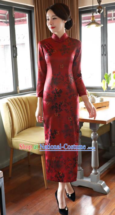 Top Grade Chinese Elegance Red Watered Gauze Qipao Dress National Costume Traditional Mandarin Cheongsam for Women