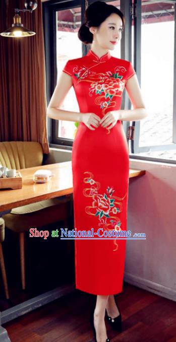 Top Grade Chinese Printing Peony Red Silk Qipao Dress National Costume Traditional Mandarin Cheongsam for Women