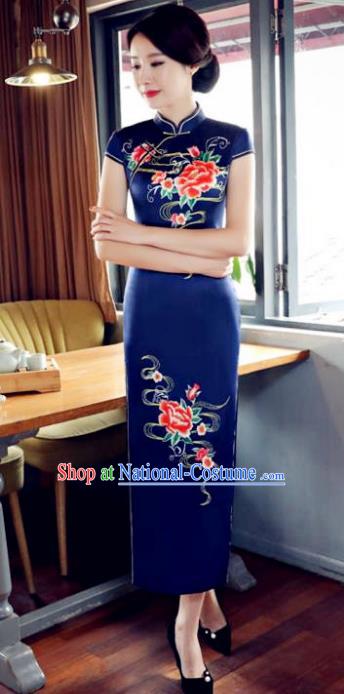 Top Grade Chinese Printing Peony Navy Silk Qipao Dress National Costume Traditional Mandarin Cheongsam for Women