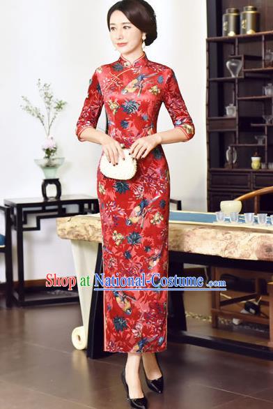 Top Grade Chinese National Costume Red Velvet Qipao Dress Traditional Tang Suit Cheongsam for Women