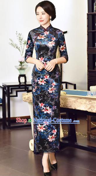 Top Grade Chinese National Costume Navy Velvet Qipao Dress Traditional Tang Suit Cheongsam for Women