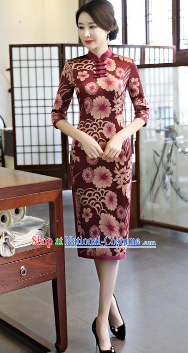 Top Grade Chinese Amaranth Watered Gauze Qipao Dress National Costume Traditional Mandarin Cheongsam for Women