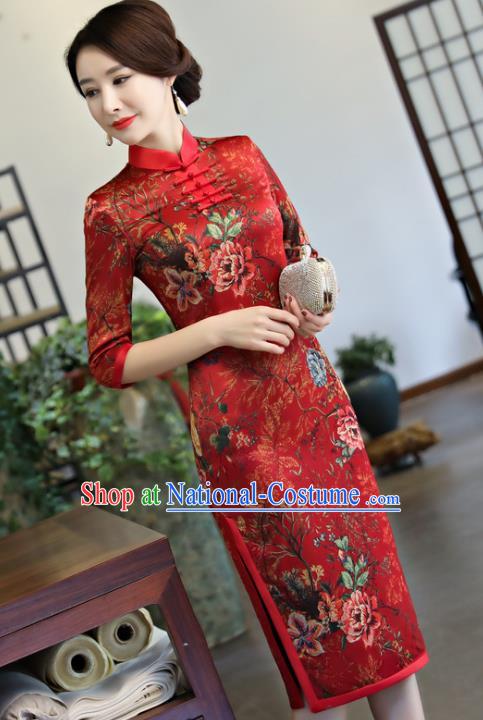 Top Grade Chinese Red Watered Gauze Qipao Dress National Costume Traditional Mandarin Cheongsam for Women