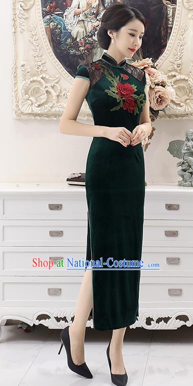 Top Grade Chinese National Costume Green Pleuche Qipao Dress Traditional Lace Cheongsam for Women