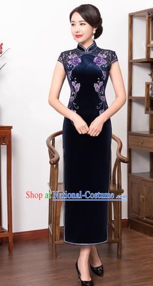 Top Grade Chinese National Costume Navy Pleuche Qipao Dress Traditional Lace Cheongsam for Women