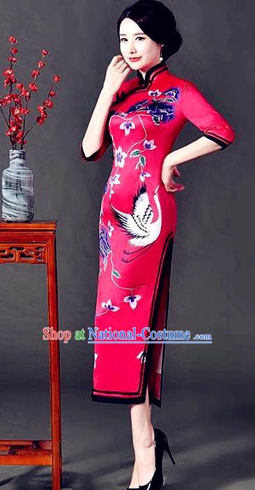 Top Grade Chinese National Costume Printing Crane Red Silk Qipao Dress Traditional Lace Cheongsam for Women