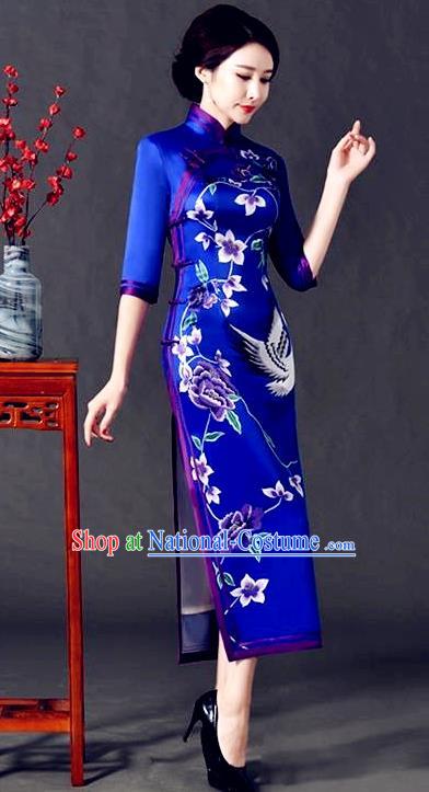 Top Grade Chinese National Costume Printing Crane Blue Silk Qipao Dress Traditional Lace Cheongsam for Women