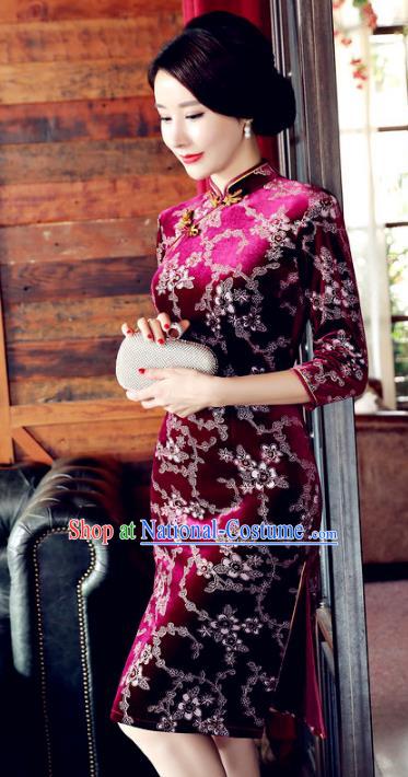 Top Grade Chinese National Costume Rosy Qipao Dress Traditional Lace Cheongsam for Women