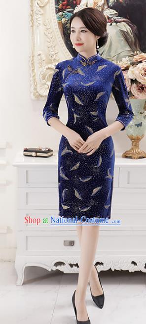 Top Grade Chinese National Costume Royalblue Qipao Dress Traditional Lace Cheongsam for Women