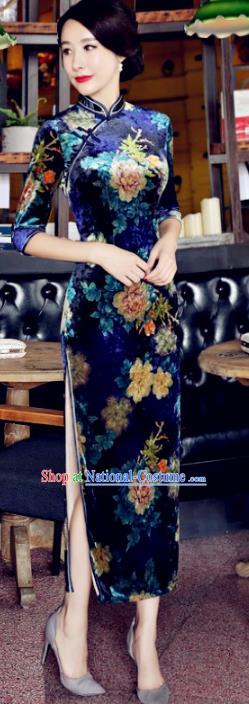 Top Grade Chinese National Costume Blue Velvet Qipao Dress Traditional Lace Cheongsam for Women