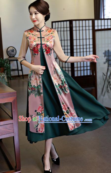 Chinese National Costume Handmade Printing Peony Two-pieces Qipao Dress Traditional Cheongsam for Women