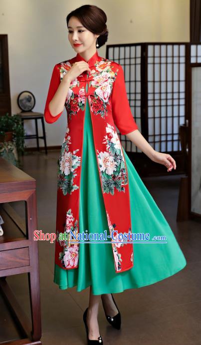 Chinese National Costume Handmade Printing Peony Two-pieces Red Qipao Dress Traditional Cheongsam for Women