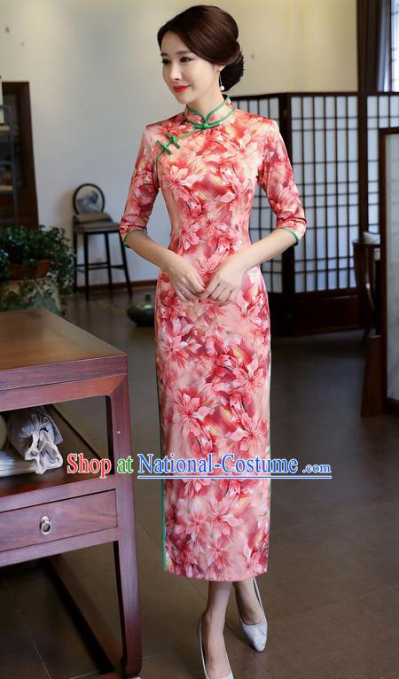 Chinese National Costume Handmade Printing Pink Silk Qipao Dress Traditional Cheongsam for Women