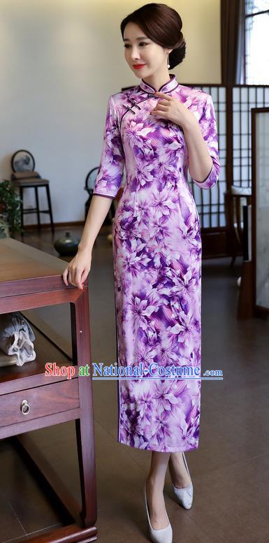 Chinese National Costume Handmade Printing Purple Silk Qipao Dress Traditional Cheongsam for Women