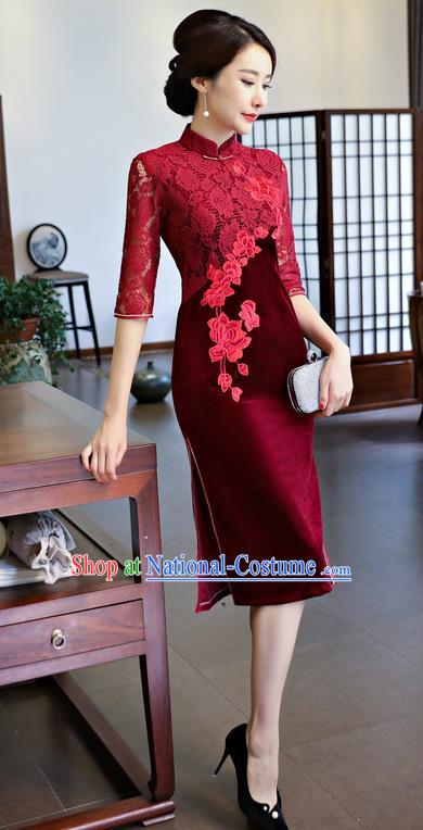 Chinese National Costume Handmade Embroidered Qipao Dress Traditional Red Lace Cheongsam for Women