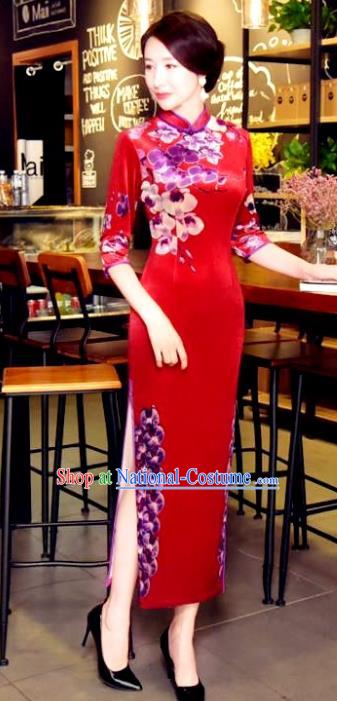 Chinese National Costume Handmade Qipao Dress Traditional Printing Red Cheongsam for Women