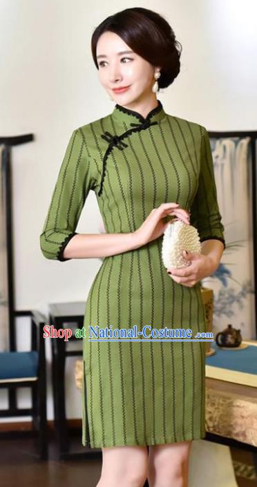 Top Grade Chinese Green Linen Qipao Dress National Costume Traditional Mandarin Cheongsam for Women