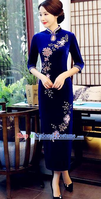 Top Grade Chinese Beading Embroidery Royalblue Qipao Dress National Costume Traditional Mandarin Cheongsam for Women