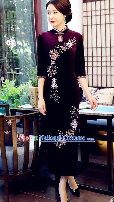 Top Grade Chinese Beading Embroidery Purple Qipao Dress National Costume Traditional Mandarin Cheongsam for Women