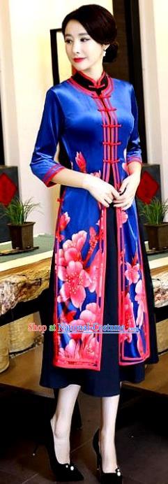 Chinese National Costume Handmade Qipao Dress Traditional Printing Royalblue Tang Suit Cheongsam for Women