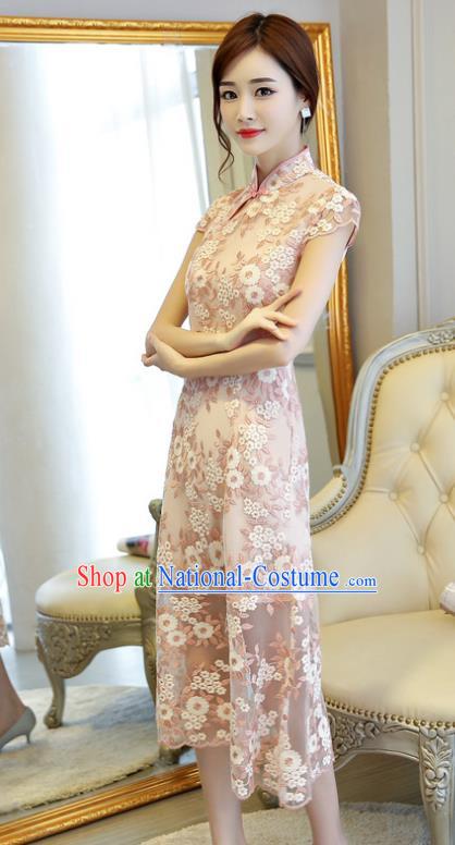 Chinese National Costume Handmade Qipao Dress Traditional Tang Suit Pink Embroidered Cheongsam for Women