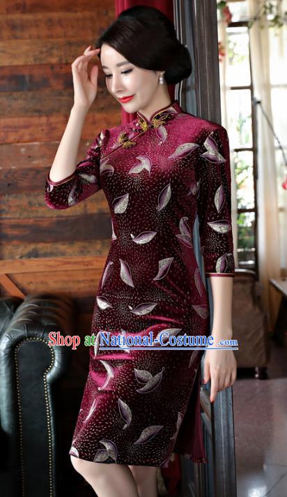 Chinese National Costume Handmade Qipao Dress Traditional Tang Suit Purplish Red Velvet Cheongsam for Women