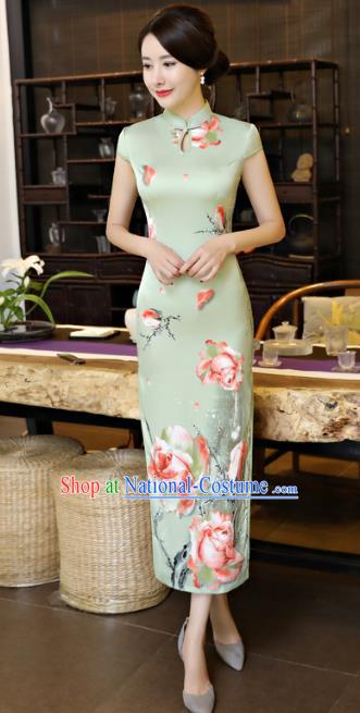 Chinese National Costume Tang Suit Qipao Dress Traditional Printing Rose Green Cheongsam for Women