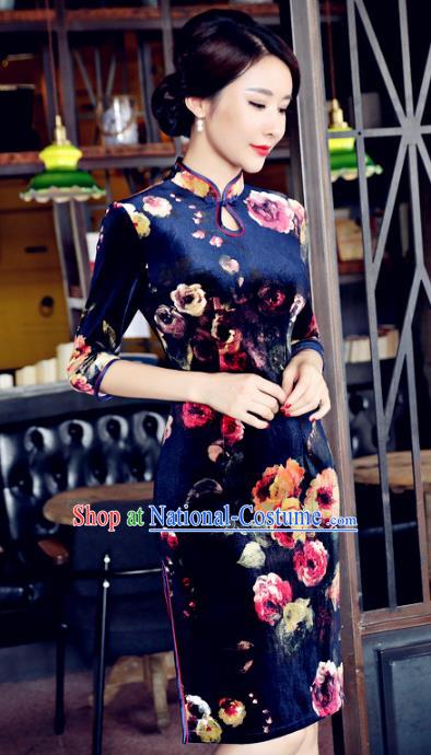 Chinese National Costume Handmade Qipao Dress Traditional Tang Suit Printing Velvet Cheongsam for Women